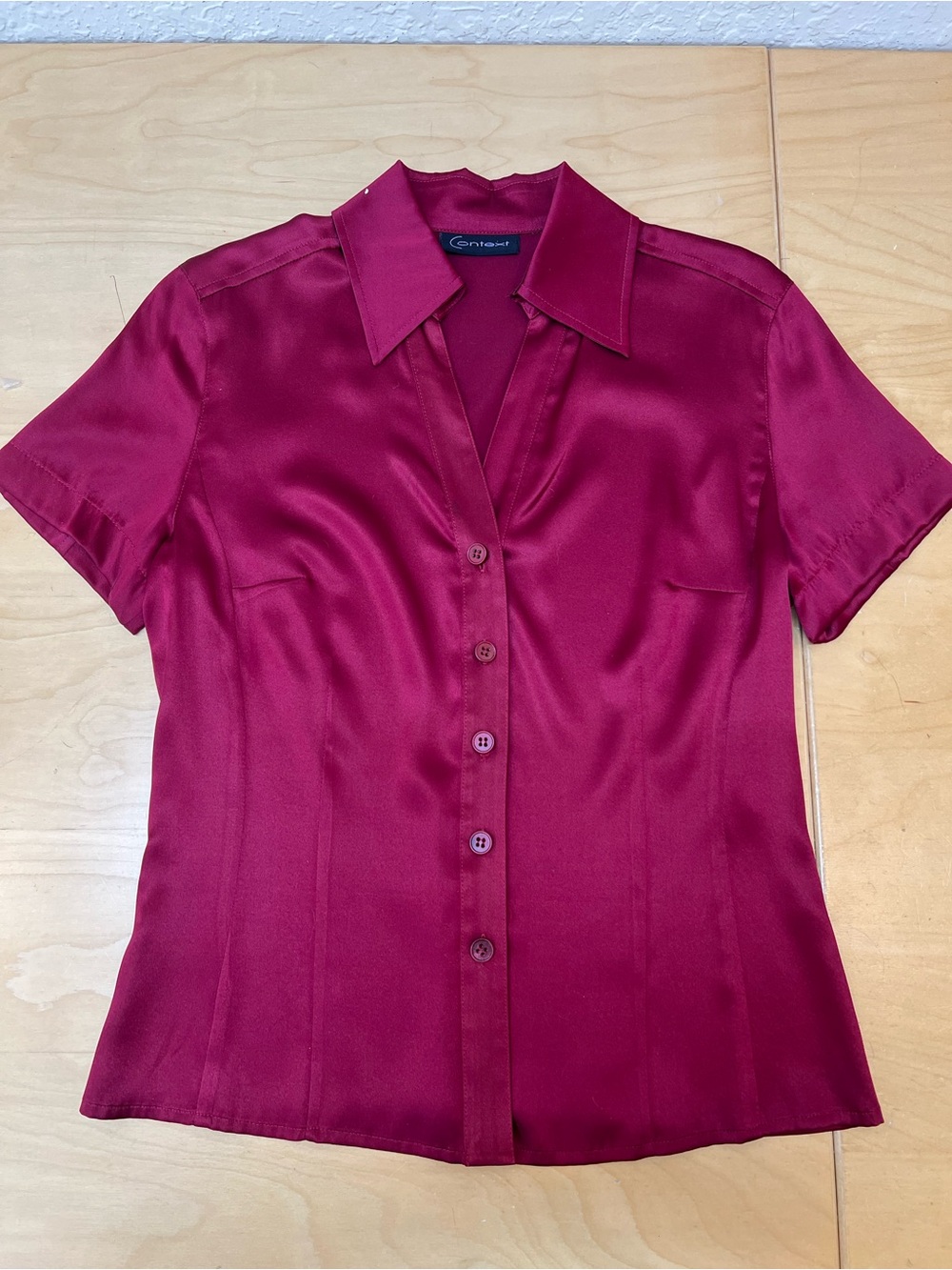 Women's Short Sleeve Context Satin silk Button-Up Blouse - Deep Berry